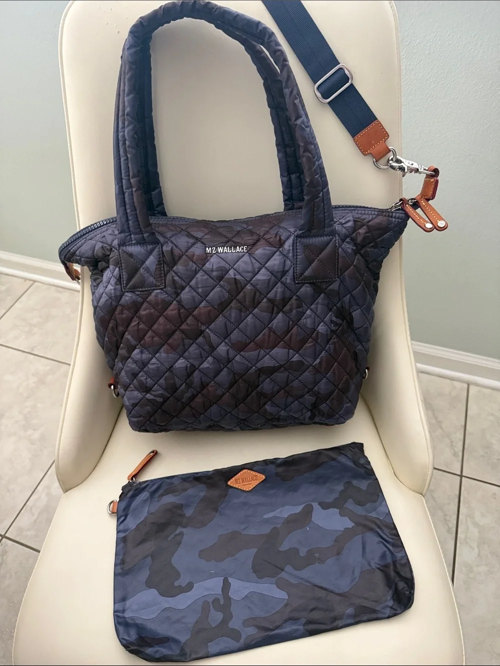 MZ Wallace Sutton Quilted Tote in Dark Navy Camo with Matching Pouch 229